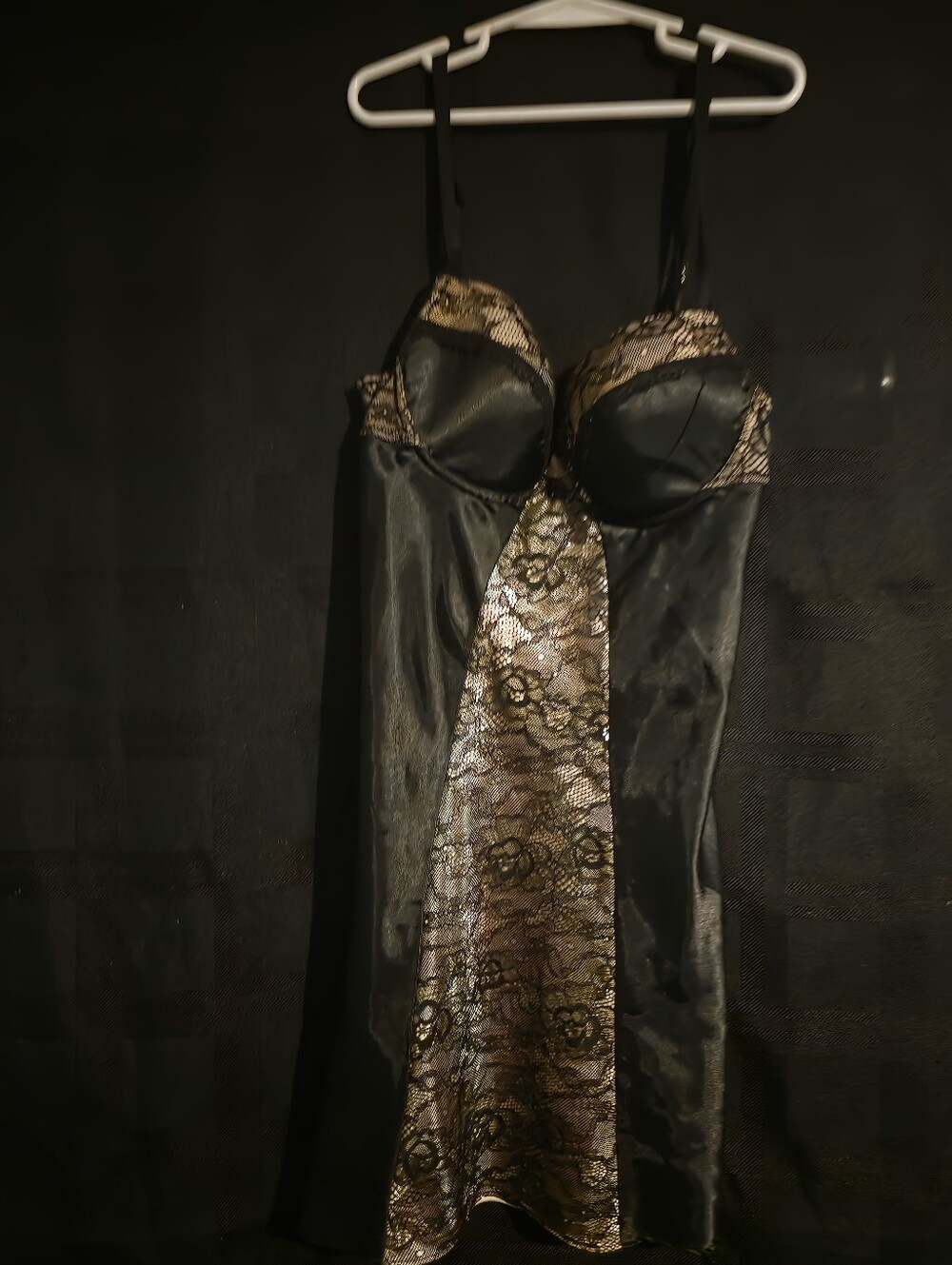 Morgam Taylor Vintage Black Satin and Tan Lace Slip Dress